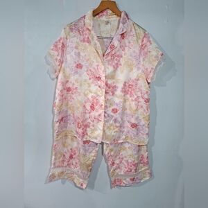 PINK K Pijama Set Floral Pink Satin Lace Bottons Down Elastic Waist XL Feminine